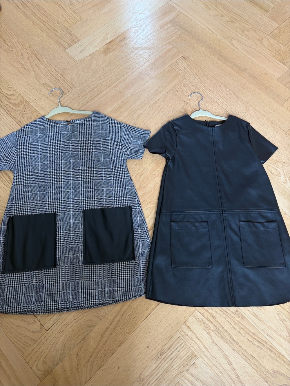Zara Black Faux Leather Kids Dress and Zara Plaid Dress with Patch Pockets